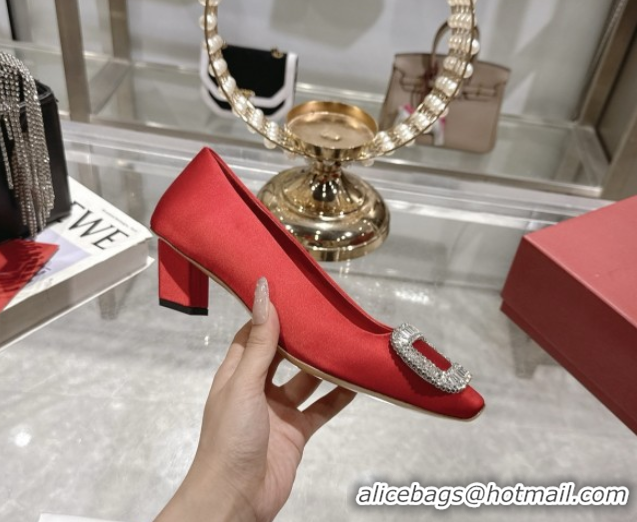 Best Grade Roger Vivier Belle Vivier Pumps in Satin with Crystal Buckle 4.5cm Heel Red 5073115