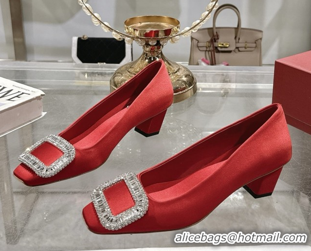Best Grade Roger Vivier Belle Vivier Pumps in Satin with Crystal Buckle 4.5cm Heel Red 5073115