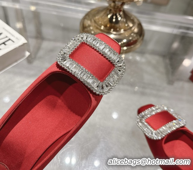Best Grade Roger Vivier Belle Vivier Pumps in Satin with Crystal Buckle 4.5cm Heel Red 5073115