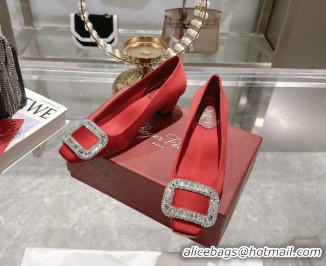 Best Grade Roger Vivier Belle Vivier Pumps in Satin with Crystal Buckle 4.5cm Heel Red 5073115