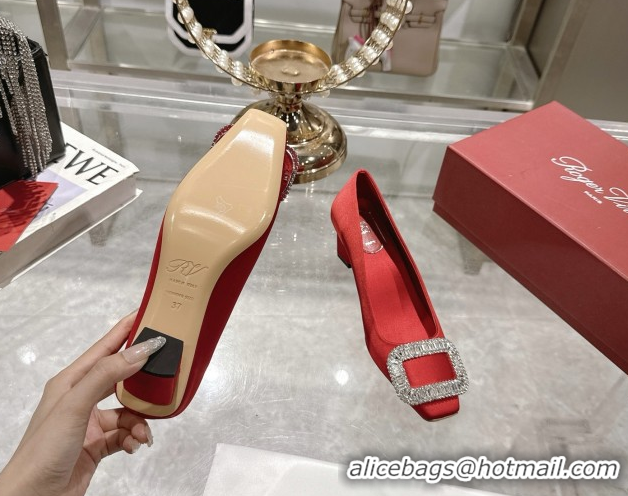 Best Grade Roger Vivier Belle Vivier Pumps in Satin with Crystal Buckle 4.5cm Heel Red 5073115