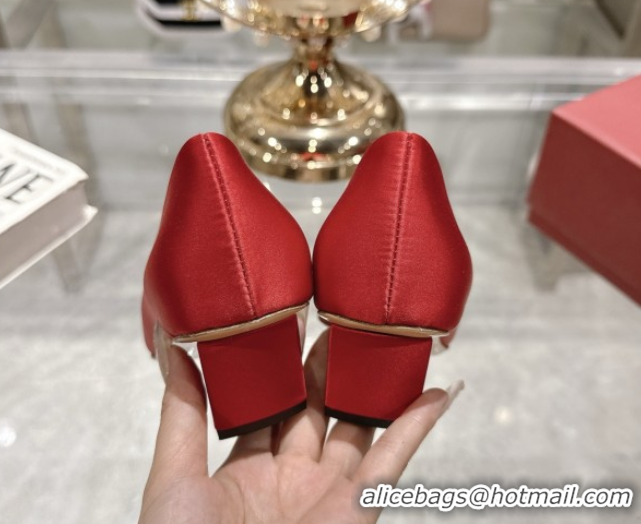 Best Grade Roger Vivier Belle Vivier Pumps in Satin with Crystal Buckle 4.5cm Heel Red 5073115