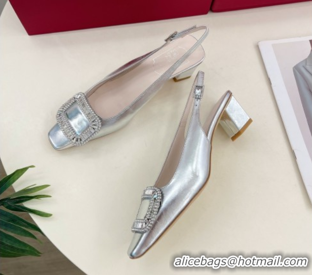 Shop Cheap Roger Vivier Belle Vivier Slingback Pumps with Crystal Buckle 4.5cm Heel Silver 5080112