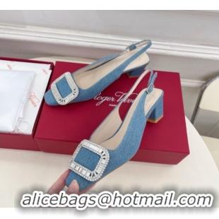 Perfect Roger Vivier Belle Vivier Slingback Pumps with Crystal Buckle 4.5cm Heel Denim Blue 5080114