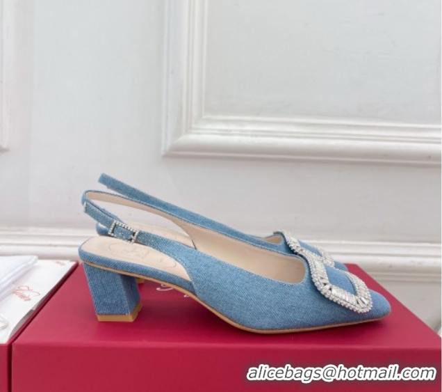 Perfect Roger Vivier Belle Vivier Slingback Pumps with Crystal Buckle 4.5cm Heel Denim Blue 5080114