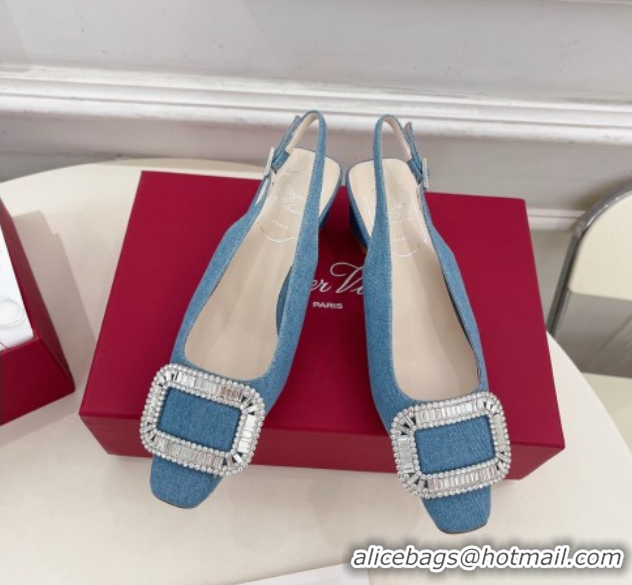 Perfect Roger Vivier Belle Vivier Slingback Pumps with Crystal Buckle 4.5cm Heel Denim Blue 5080114