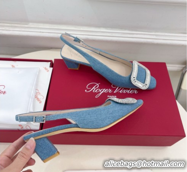 Perfect Roger Vivier Belle Vivier Slingback Pumps with Crystal Buckle 4.5cm Heel Denim Blue 5080114