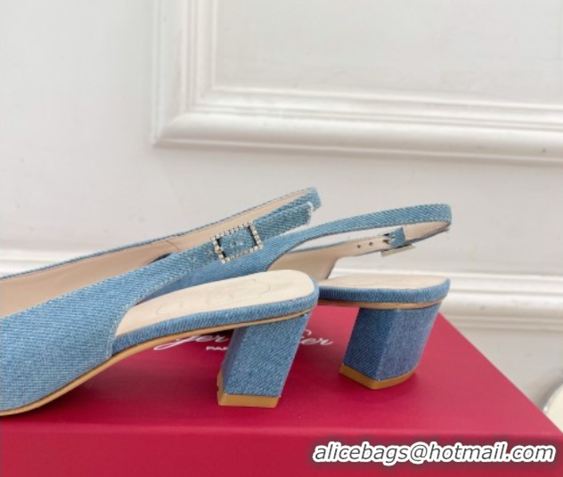 Perfect Roger Vivier Belle Vivier Slingback Pumps with Crystal Buckle 4.5cm Heel Denim Blue 5080114