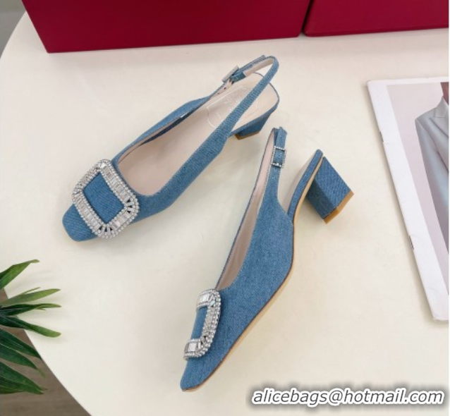 Perfect Roger Vivier Belle Vivier Slingback Pumps with Crystal Buckle 4.5cm Heel Denim Blue 5080114