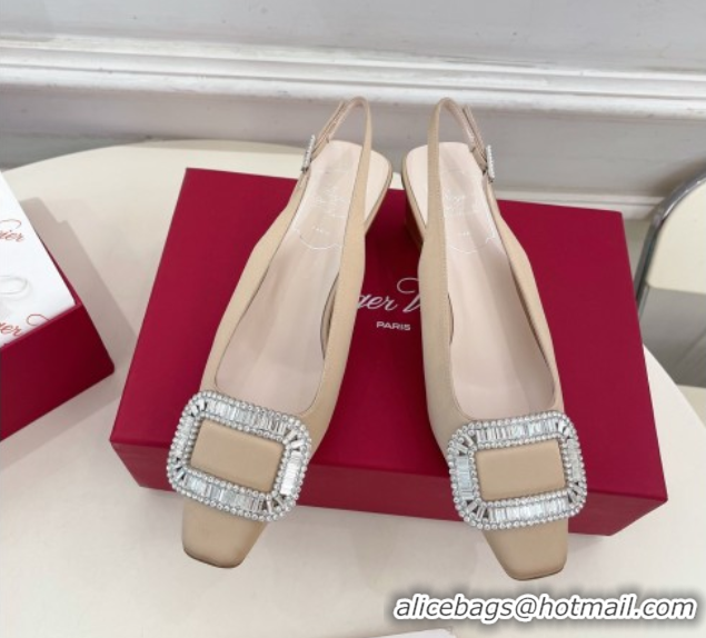 Buy Discount Roger Vivier Belle Vivier Slingback Pumps with Crystal Buckle 4.5cm Heel Beige Satin 5080115