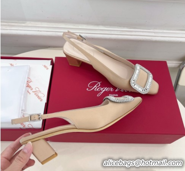 Buy Discount Roger Vivier Belle Vivier Slingback Pumps with Crystal Buckle 4.5cm Heel Beige Satin 5080115