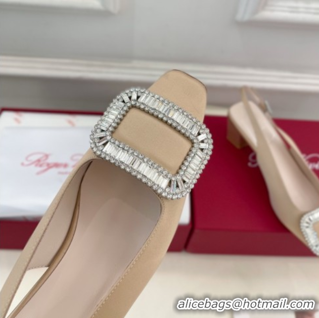 Buy Discount Roger Vivier Belle Vivier Slingback Pumps with Crystal Buckle 4.5cm Heel Beige Satin 5080115