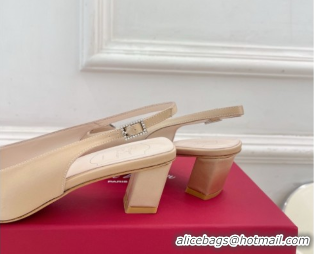 Buy Discount Roger Vivier Belle Vivier Slingback Pumps with Crystal Buckle 4.5cm Heel Beige Satin 5080115