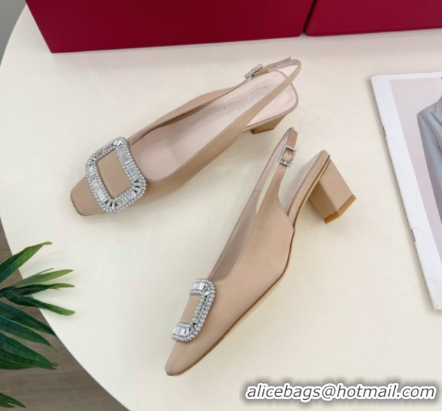 Buy Discount Roger Vivier Belle Vivier Slingback Pumps with Crystal Buckle 4.5cm Heel Beige Satin 5080115