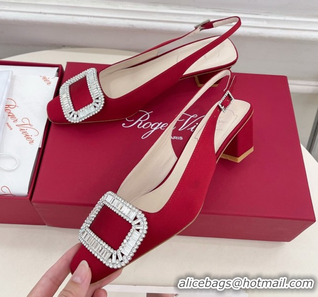 Generous Roger Vivier Belle Vivier Slingback Pumps with Crystal Buckle 4.5cm Heel Red Satin 5080116