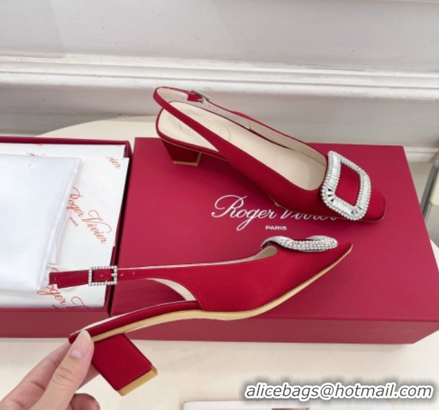 Generous Roger Vivier Belle Vivier Slingback Pumps with Crystal Buckle 4.5cm Heel Red Satin 5080116