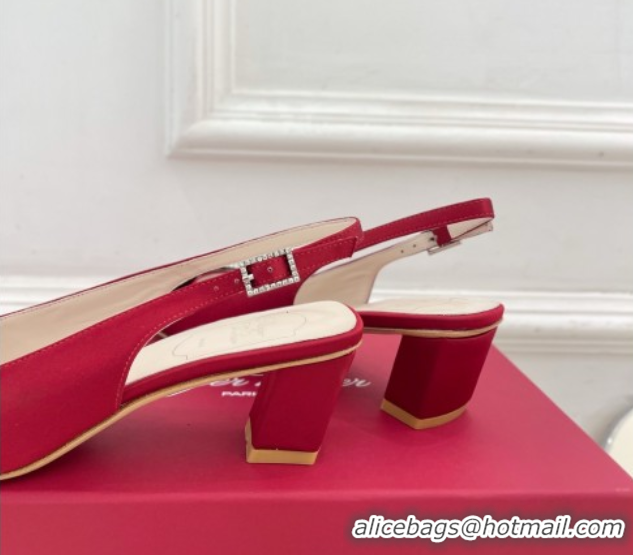 Generous Roger Vivier Belle Vivier Slingback Pumps with Crystal Buckle 4.5cm Heel Red Satin 5080116