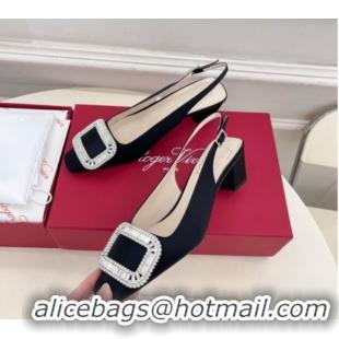 Luxury Roger Vivier Belle Vivier Slingback Pumps with Crystal Buckle 4.5cm Heel Black Satin 5080117