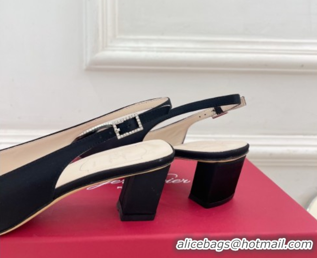 Luxury Roger Vivier Belle Vivier Slingback Pumps with Crystal Buckle 4.5cm Heel Black Satin 5080117