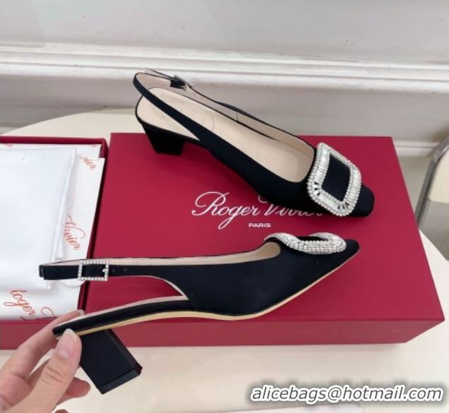 Luxury Roger Vivier Belle Vivier Slingback Pumps with Crystal Buckle 4.5cm Heel Black Satin 5080117