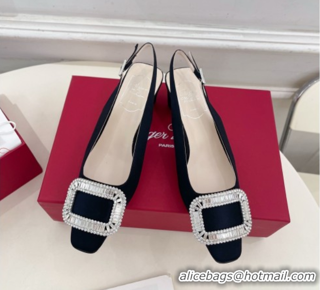 Luxury Roger Vivier Belle Vivier Slingback Pumps with Crystal Buckle 4.5cm Heel Black Satin 5080117