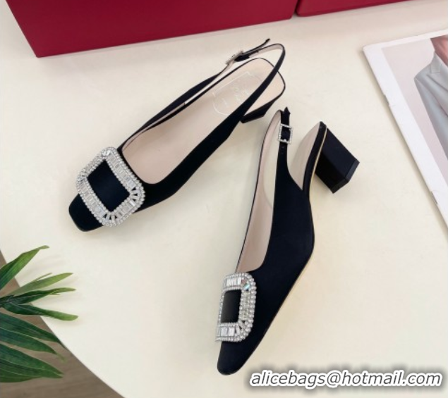 Luxury Roger Vivier Belle Vivier Slingback Pumps with Crystal Buckle 4.5cm Heel Black Satin 5080117