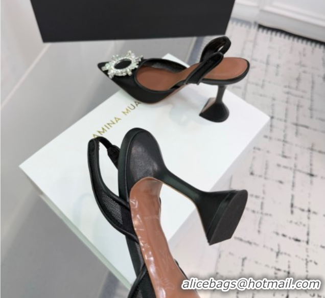 Good Quality Amina Muaddi Begum Embellished Slingback Pumps 9.5cm in Mesh and Strass Buckle Black 50604117