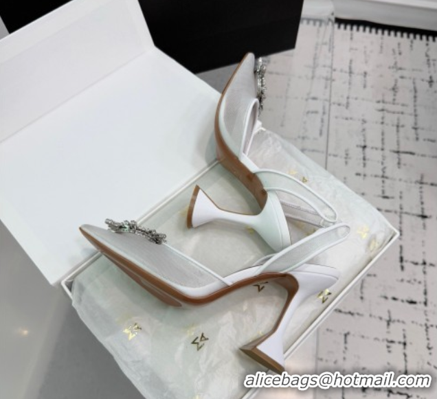 Shop Duplicate Amina Muaddi Begum Embellished Slingback Pumps 9.5cm in Mesh and Strass Buckle White 0604118