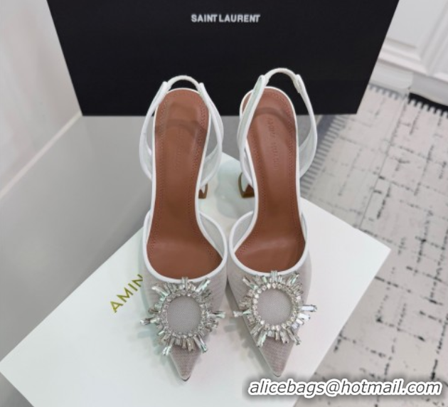 Shop Duplicate Amina Muaddi Begum Embellished Slingback Pumps 9.5cm in Mesh and Strass Buckle White 0604118