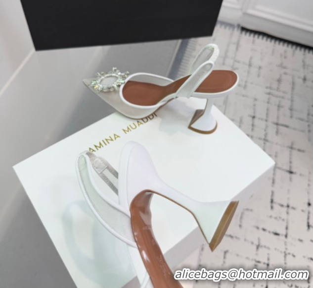 Shop Duplicate Amina Muaddi Begum Embellished Slingback Pumps 9.5cm in Mesh and Strass Buckle White 0604118