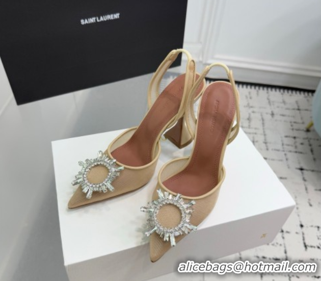 Buy Luxury Amina Muaddi Begum Embellished Slingback Pumps 9.5cm in Mesh and Strass Buckle Beige 0604119