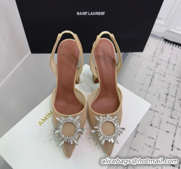 Buy Luxury Amina Muaddi Begum Embellished Slingback Pumps 9.5cm in Mesh and Strass Buckle Beige 0604119