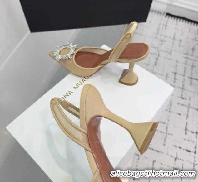 Buy Luxury Amina Muaddi Begum Embellished Slingback Pumps 9.5cm in Mesh and Strass Buckle Beige 0604119