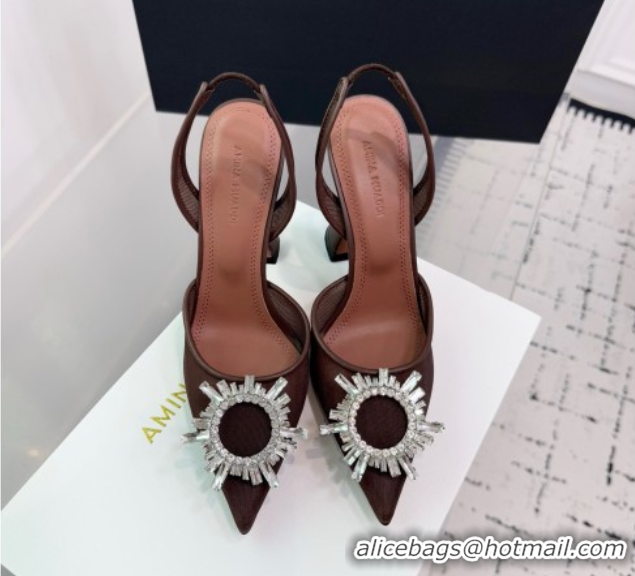 Grade Quality Amina Muaddi Begum Embellished Slingback Pumps 9.5cm in Mesh and Strass Buckle Brown 50604120