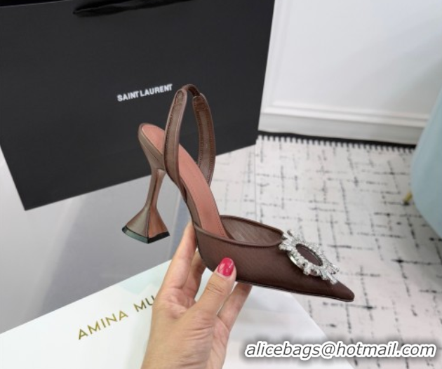 Grade Quality Amina Muaddi Begum Embellished Slingback Pumps 9.5cm in Mesh and Strass Buckle Brown 50604120