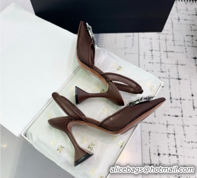 Grade Quality Amina Muaddi Begum Embellished Slingback Pumps 9.5cm in Mesh and Strass Buckle Brown 50604120