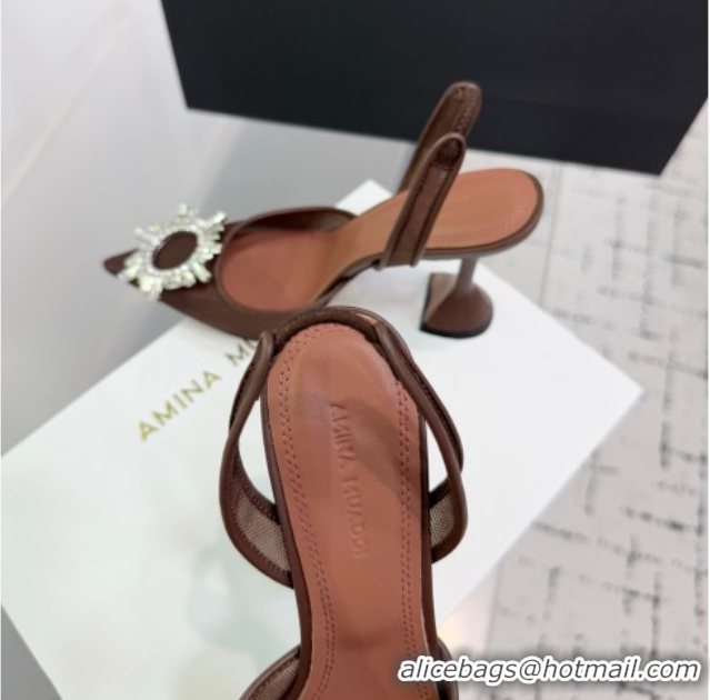 Grade Quality Amina Muaddi Begum Embellished Slingback Pumps 9.5cm in Mesh and Strass Buckle Brown 50604120