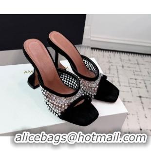 Luxury Cheap Amina Muaddi Lupita Mesh Heel Slides Sandal 9.5cm with Strass Black AM070901