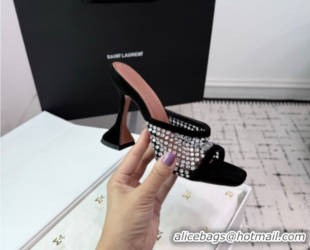 Luxury Cheap Amina Muaddi Lupita Mesh Heel Slides Sandal 9.5cm with Strass Black AM070901