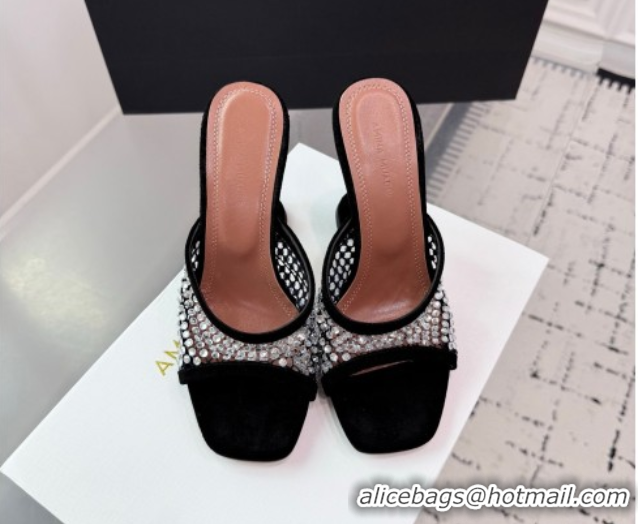 Luxury Cheap Amina Muaddi Lupita Mesh Heel Slides Sandal 9.5cm with Strass Black AM070901