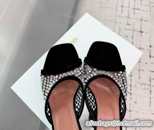 Luxury Cheap Amina Muaddi Lupita Mesh Heel Slides Sandal 9.5cm with Strass Black AM070901