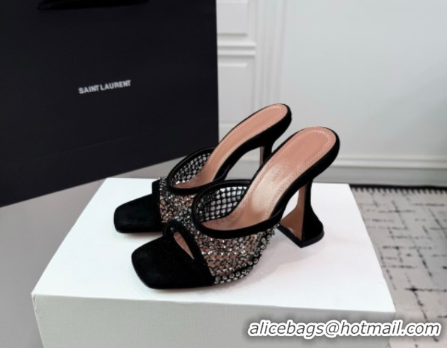 Top Design Amina Muaddi Lupita Mesh Heel Slides Sandal 9.5cm with Studs Black 2025 AM070901