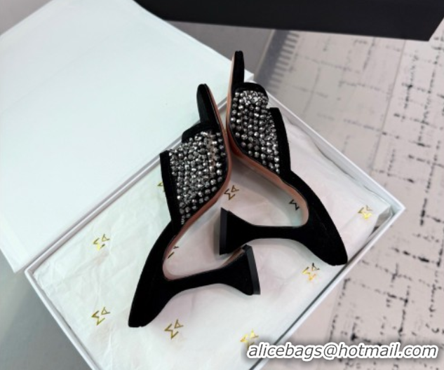 Top Design Amina Muaddi Lupita Mesh Heel Slides Sandal 9.5cm with Studs Black 2025 AM070901