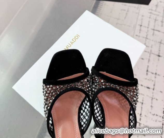 Top Design Amina Muaddi Lupita Mesh Heel Slides Sandal 9.5cm with Studs Black 2025 AM070901