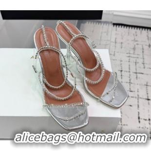Best Product Amina Muaddi Glid Ankle Strap Sandals 9.5cm in PVC and Leather with Strass Silver AM070902 