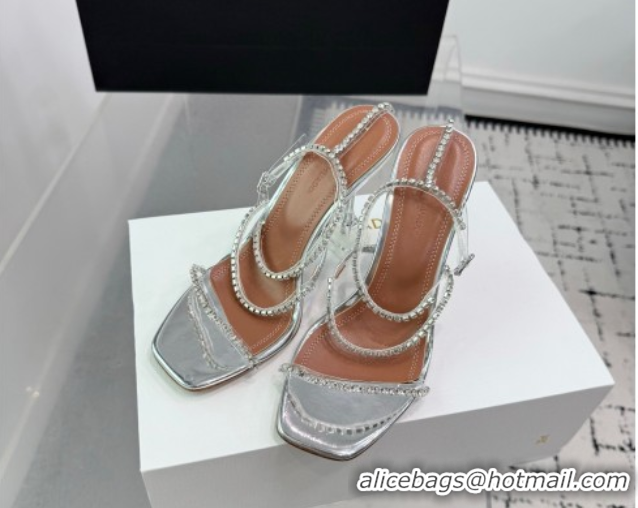 Best Product Amina Muaddi Glid Ankle Strap Sandals 9.5cm in PVC and Leather with Strass Silver AM070902 
