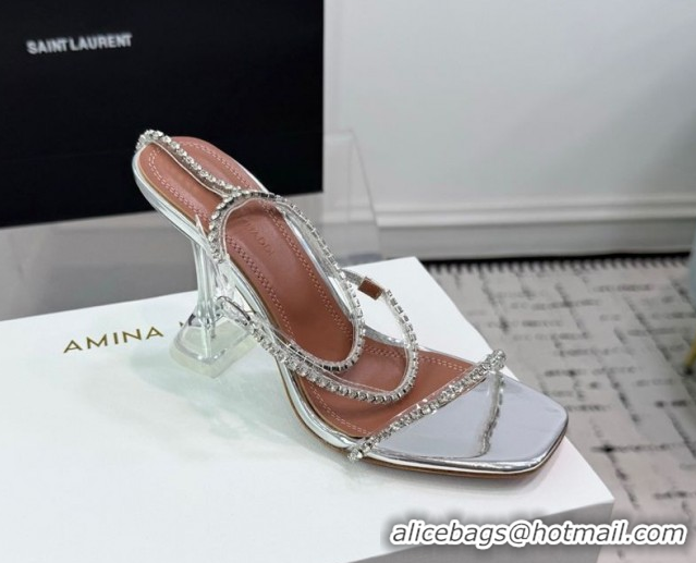 Best Product Amina Muaddi Glid Ankle Strap Sandals 9.5cm in PVC and Leather with Strass Silver AM070902 