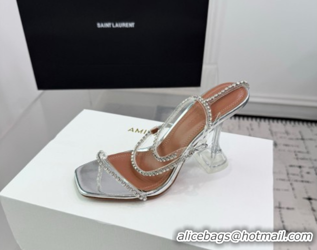 Best Product Amina Muaddi Glid Ankle Strap Sandals 9.5cm in PVC and Leather with Strass Silver AM070902 