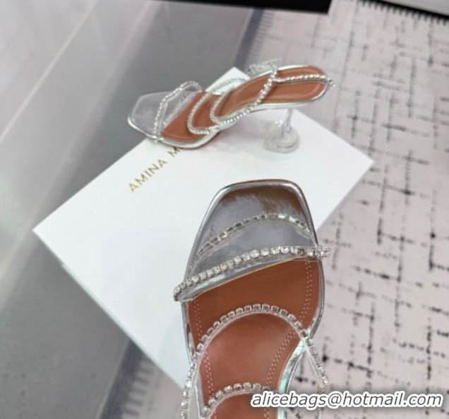 Best Product Amina Muaddi Glid Ankle Strap Sandals 9.5cm in PVC and Leather with Strass Silver AM070902 