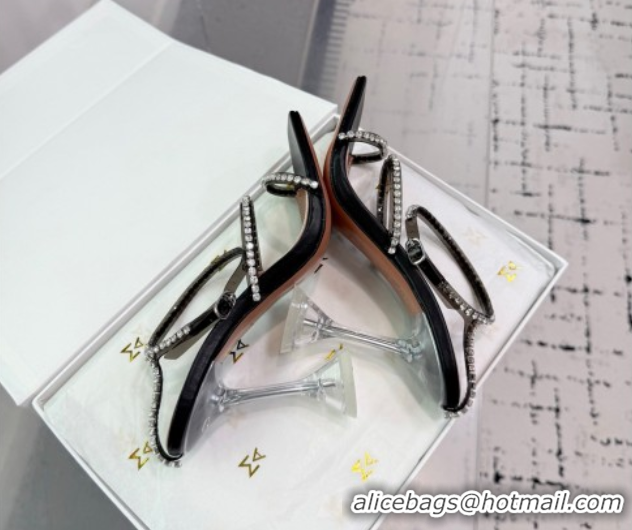 Luxurious Amina Muaddi Glid Ankle Strap Sandals 9.5cm in PVC and Leather with Strass Black 2025 AM070902